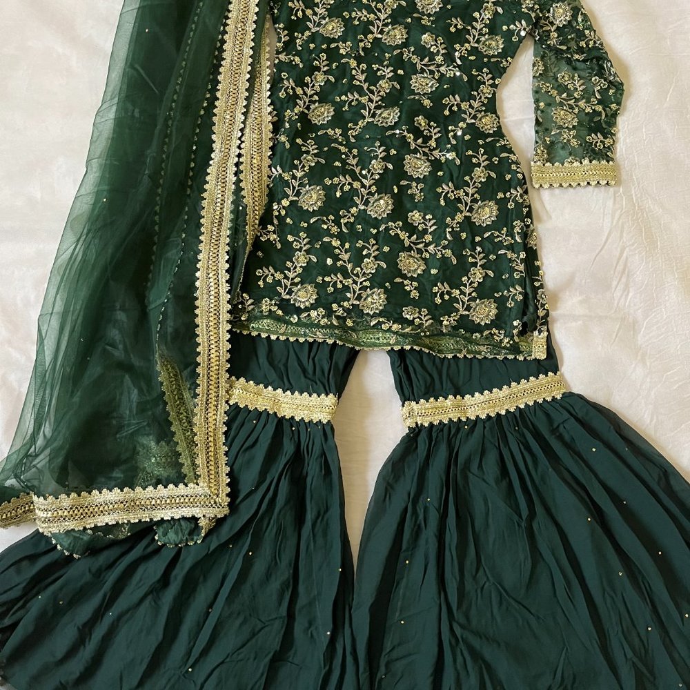 3 piece emerald green and gold gharara.